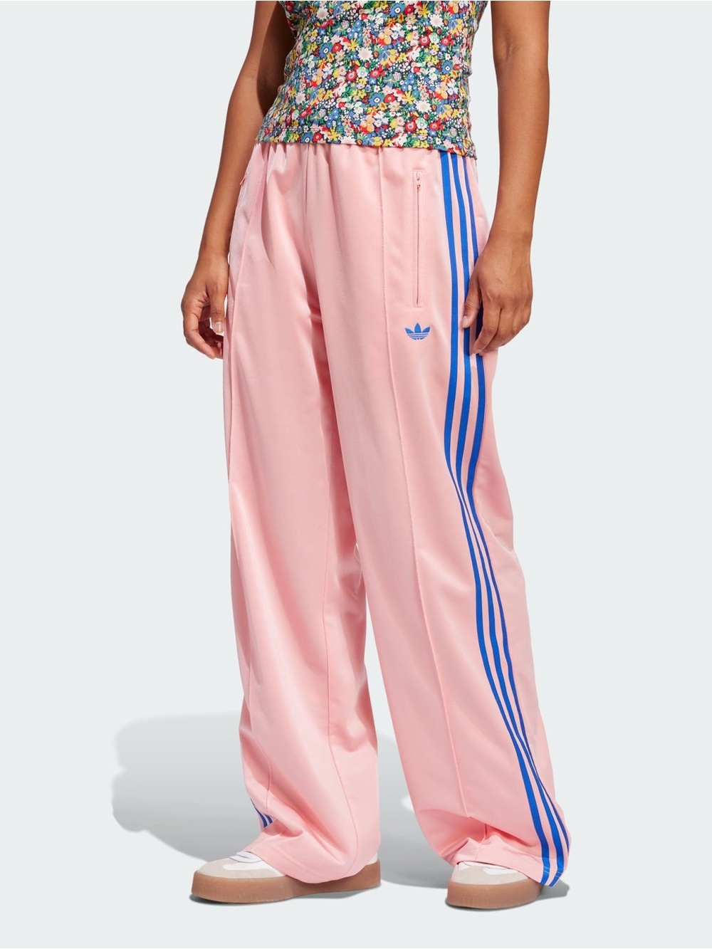 adidas Pink Wide-Leg Track Pants with Blue Side Stripes